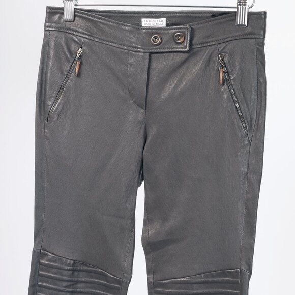 Brunello Cucinelli Grey Leather Quilted Moto Skinny Pants - Picture 3 of 15